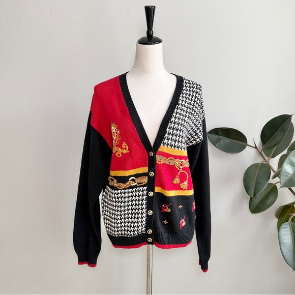 Chandler Hill Sweaters - Women's Classic Equestrian Cardigan Bit Bridle Crest Houndstooth Buckle S